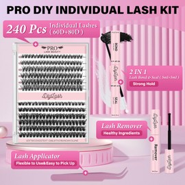 240 Pcs Cluster lashes Kit with 3D Lash Clusters Lash Bond and Seal Lash Tweezers Lash Remover Easy to Apply at Home (60D+80D-D-8-16mix Kit)