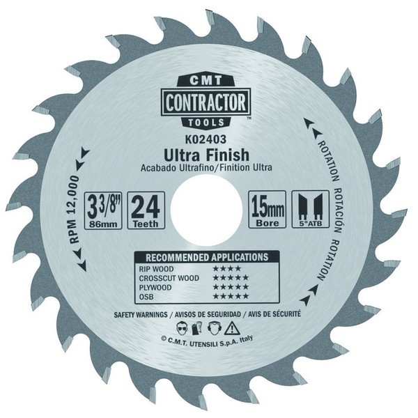 CMT K02403 ITK Contractor Ultra Finish Saw Blade and 3-3/8 X 24 Teeth, 5-Degree ATB with 15mm Bore