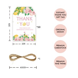 50pcs Lemon Thank You Tags, Lemon Gift Tag with String for Wedding Party, Thank You Paper Tags for Lemon Bridal Shower/Lemon Birthday Party Favors