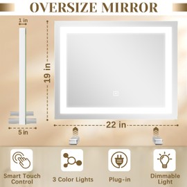 ROLOVE 22x20 Inch Lighted Vanity Mirror, 3-Mode Touch Dimming LED Lighting, Large Makeup Mirror for Dressing Room, Tabletop or Wall-Mounted, White