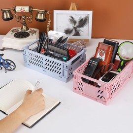 2-Pack Plastic Baskets for Shelf Storage Organizing, Durable and Reliable Folding Storage Crate, Ideal for Home Kitchen Classroom and Office Organization, Bathroom Storage (9.8 x 6.5 x 3.8 inches)
