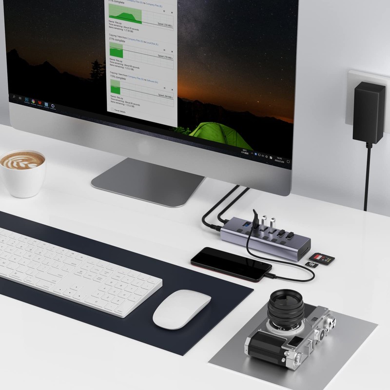 Hub USB alimentado con lector de tarjetas TF/SD, concentrador USB