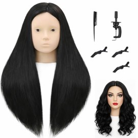 Cabeza de Maniquí Profesional para Práctica de Peluquería, Cabello Natural 75%, con Soporte de Mesa, Peine y Clips, Kit de Entrenamiento para Estilistas (Negro)