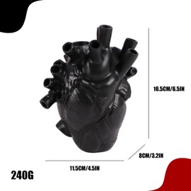 Heart Vase Flowers 3D Anatomical Decorative Resin Modern Style Decor for Living Room Bookshelf Diningroom Home 6.7 Inch (Black)