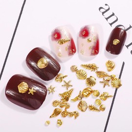 12 Styles Nail Art Metal Studs Gold Metallic 3D Pieces Rivet Palm Tree Turtles Marine Life Charms for Summer Beach Ocean Manicure DIY Acrylic Nails Design Supply Nail Art and Polish(Gold Ocean Studs)