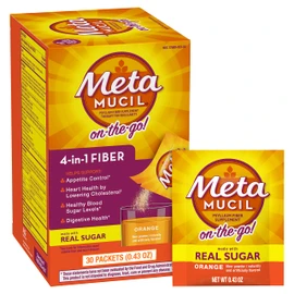 Metamucil On-the-Go, Daily Psyllium Husk Powder Supplement with Real Sugar, 4-in-1 Fiber for Digestive Health, Orange Smooth Flavored Drink, 2 pack x 30 count = 60 Packs Total