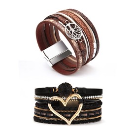Dochais 2 Pieces Multilayer Leather Bracelets for Women Men, Boho Wrap Bracelet with Wrist Cuff Magnetic Buckle for Women, Inspirational Tree of Life Bracelet Jewelry Gifts