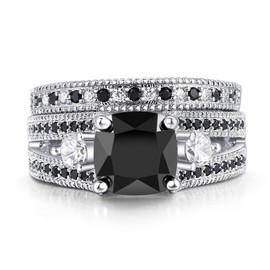 Double Fair White or Black Gold Plated Cushion Cut Black CZ Stone Engagement Promise Anniversary Ring Sets For Women (Silver, 8)