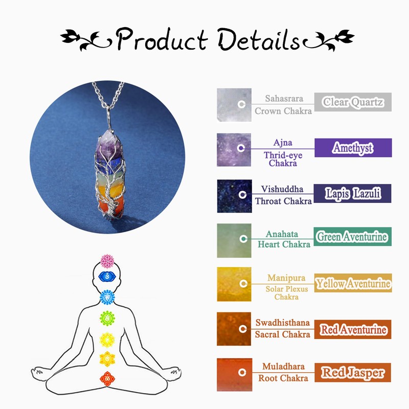 GEHECRST Gemstone 7 Chakra Healing Stones Chain Hexagon Column Pendant
