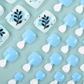 Press on Toenails, Spring Summer Black Leaf Pop Color Blue Gel Glue on Toe Nails, 24PCS Glossy Toe Nails Reusable Finish Fake Nails Acrylic False Nails Manicure Kits for Women