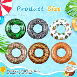 Poen 6 Pcs Large Inflatable Pool Float Tubes for Adults 32 Inches Tropical Leaves and Animal Patterns Swimming Rings Tube Floaties for Hawaii Beach Vacation Summer Holiday Party Supplies