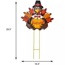 YUMBOR Rustic Thanksgiving Fall Harvest Metal Turkey Stake Pumpkin Welcome Sign 29''H