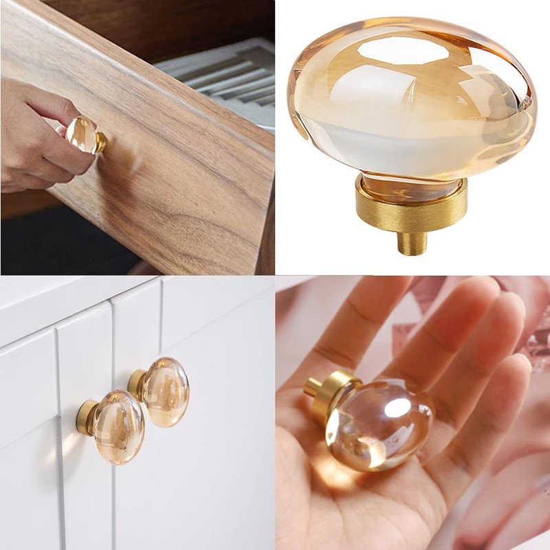 CLCTK 16 Pack Gold Champagne Crystal Cabinet Knobs, Oval Glass