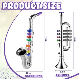 Lewtemi Set of 2 Musical Instruments Include Toy Trumpet and Saxophone Set Plastic Trumpet Educational Christmas Toy Home School Music Gift, Color Keys(Silver)