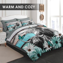 Pamnest Comforter Set Queen Size, Highland Cow Bull 7 Pcs Bedding for Kids and Adults, Flower Daisy Retro Bed Sheet Sets with Fitted Sheet 2 Pillowcases & 2 Shams for Bedroom Bed Decor