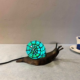 Bieye L10975 Land Snail Tiffany Style Stained Glass Accent Table Lamp for Home Decor (Cyan, 10" D x 5" W x 5" H)