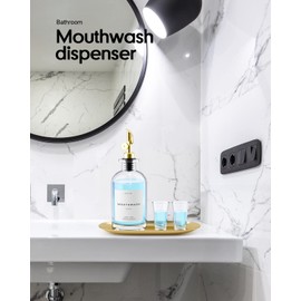 Moryimi Mouthwash Dispenser, 16oz Glass Mouthwash Decanter for Bathroom, Mouth Wash Container Mouthwash Bottle with Pour Spout, Reusable Mouthwash Dispenser Set with Cups and Gold Tray
