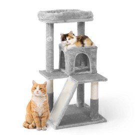 Multi-Level Cat Condo, Indoor Cat Tree Tower with Scratching Posts, Platform & Hammock, Cat Tower with Scratching Board, Padded Plush Perch and Cozy Basket