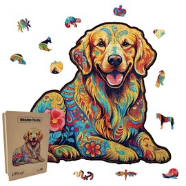 Wooden Jigsaw Puzzle for Adults - Golden Retriever Dog, Unique Shaped Puzzle Pieces, Hard and Challenging, Brain Teaser, Great Gift for Dog Lovers, 208 Pieces, Medium Size