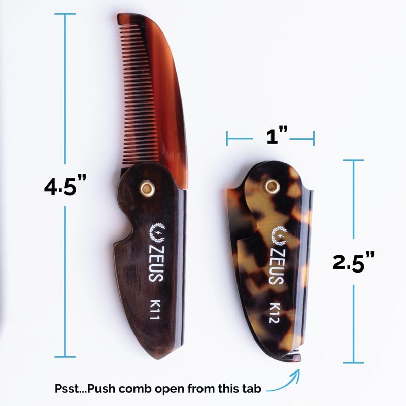 ZEUS Folding Mustache Comb for Men, Handmade Saw-Cut Pocket Comb
