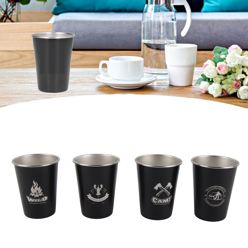 4pcs Camping Cups Black 350ml Outdoor Camping Portable Stainless Steel