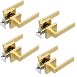 4 Pack Privacy Door Levers, Gold Flat Satin Brass Interior Door Handles for Bedroom or Bathroom, Keyless Heavy Duty Interior Door Knob, Finish Modern Design Door Hardware (4)