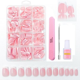 Press On Nails French Tip - French Tip False Nails - Stick on Nail Fake Nail Pink White Glossy Full Cover Glue on Nails for Women DIY Nail Art (Pink Short Ballet, 240Pcs)