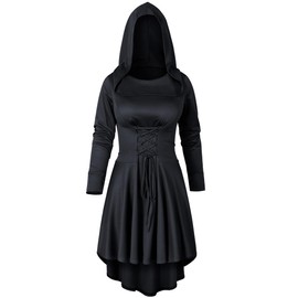 Irtysh Womens Base Vintage High Low Pullover Medieval Hooded Robe Cloak Dress Costumes Cosplay Net Leggings Set(Black S)
