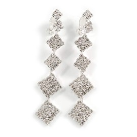 Statement Clear Crystal Graduated Square Clip On Earrings/Silver Tone Metal/70mm L