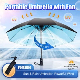 WOOLALA 【Newly UV Sun Umbrella with Fan, Portable Cooling UPF 50+ Foldable for Sun & Rain, USB Rechargeable Travel Umbrellas for Watching Games, Playground, Heatstroke, Hot Days