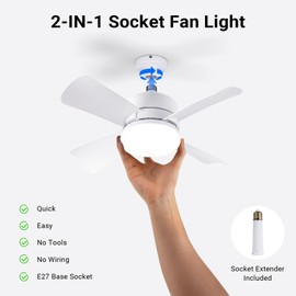 USOR Ceiling Fans with Lights with E27, Socket Ceiling Fan with Light and Remote Control, 3 Colors 3000-6500K, 3 Wind Speeds, Screw Room Socket Fan Light for Bedroom Living Room Kitchen Home Garage.