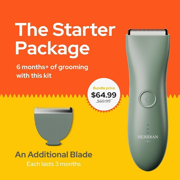 MERIDIAN - The Starter Package - Original Electric Body & Pubic Hair Trimmer Set, 1 Replacement Blade - Cordless, Waterproof, Rechargeable - for Men and Women - Easy & Pain-Free Grooming Kit - Sage