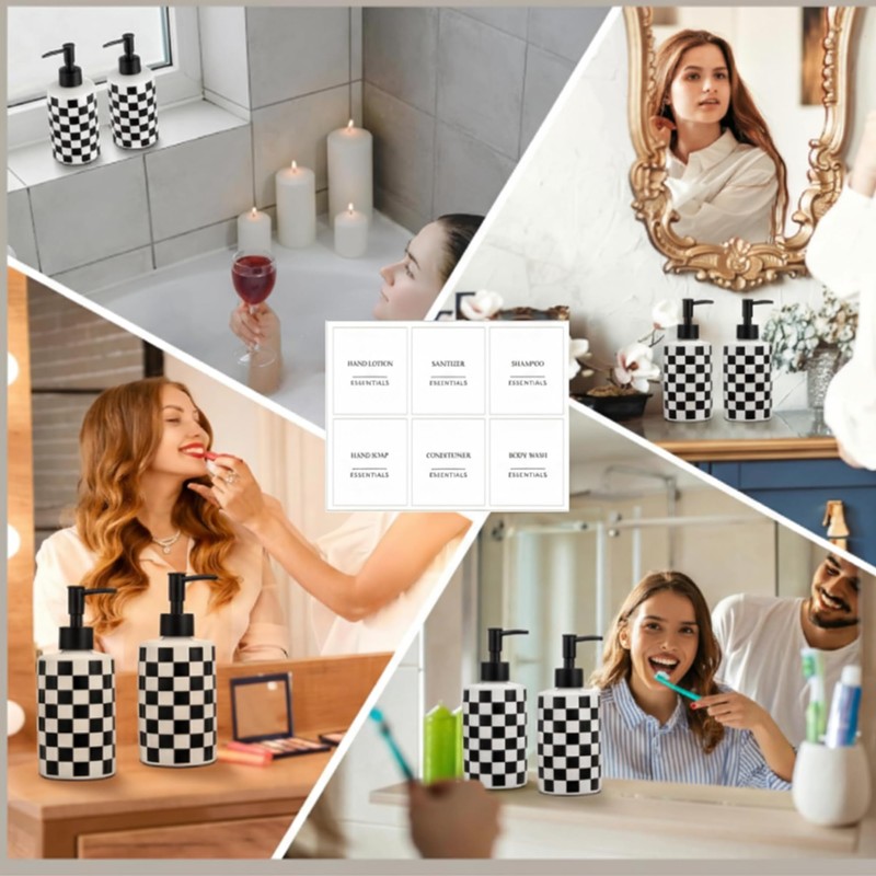2 Pack Checkered Bathroom Soap Dispenser with 6 Waterproof Labels