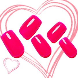 Gel Nail Polish Press on Nails Short, Handmade Hot Pink Fake Nails Medium Square Shape UV Jelly Finish Glue on Nails for Women Acrylic False Nail Kits Stick on nails Reusable Full Cover by GLAMERMAID, 24Pcs