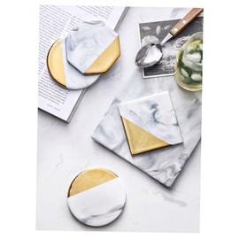 FELTECHELECTR Creative Round Coasters Geometric Design Golden Edged Ceramic Mats for Home Office and Bar Use Heat Insulation Non Slip Absorbent Drink Pads for Cups and Bottles