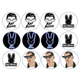 Handmade 12 Bad Bunny, edible paper, cupcake cookie toppers CHOOSE SIZE pre cut - 1.5"