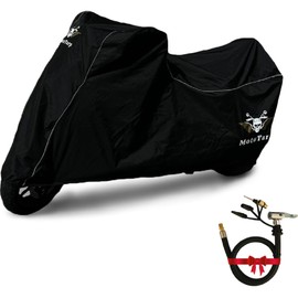 MotoTarp 600D Heavy Duty Motorcycle Cover 100% Waterproof; License Plate Window, Exhaust Heat Guard, Night Reflectors, Wheel Lock Slots (Black, Large 86X37X43)