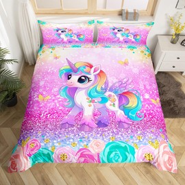 Manfei Girly Floral Unicorn Duvet Cover Set Twin Size, Rose Pink Glitter Comforter Cover with 1 Pillowcase, Watercolor Flower Butterfly Bedding Set 2pcs for Kids Girls, Lightweight Bedspread Cover
