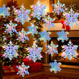 18 Pcs Snowflakes Decorations, 3D Iridescent Hanging Snowflakes Ornaments Holographic Paper Snowflake Garland for Christmas Tree Decor Winter Wonderland Friendsmas Ugly Sweater Party Supplies