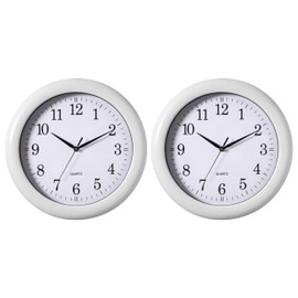 Set of 2 13.75 Inch Plastic White Round Silent, Non-Ticking Battery Operated Simple Modern Analog Wall Clock. Perfect for Office, Classroom, Living Room, Dining Room, Bed Room and Kitchen Wall Decor.