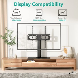 WALI Universal TV Stand, Table Top TV Stand for 32 to 47 inch Flat TV, Height Adjustable TV Mount with Tempered Glass Base and Security Wire, 88lbs Weight Capacity (TVDVD-01), Black