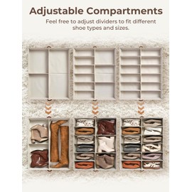 StorageWorks Shoe Organizer Under Bed for Closet, 2-Pack Ultra-thick Fabric Shoe Storage Containers with Bottom Support and Adjustable Dividers, Fits up to 24 Pairs, Beige