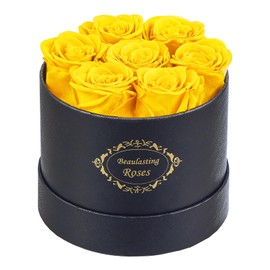 Beaulasting Roses Preserved Roses in a Box Long Lasting Roses Last a Year Forever Romantic Gifts for Her Mother's Day Valentine's Day Anniversary Birthday (Round Black Box, 7 Yellow Roses)