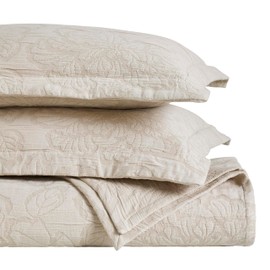 Superior 3 Piece Cotton Bedspread Set, Home Bed Decor, Decorative Bed Spread, 2 Pillow Shams, Medium Weight Blanket, Matelasse Coverlet, Bedding Essentials, Hibiscus Collection, King, Beige