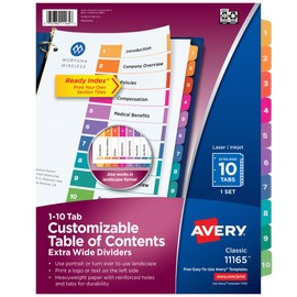 Avery Extra-Wide Dividers for 3 Ring Binders, 10 Tabs per Set, Customizable Table of Contents, Multicolor Tabs, Works Great with Sheet Protectors (11165)