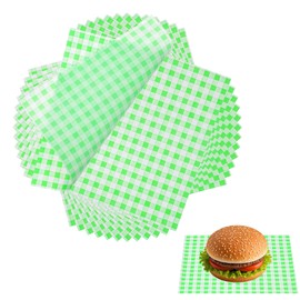 sourcing map 100 Pcs Wax Paper Sheets for Food, 7 x 7 Inch Greaseproof Wrapping Paper Sheets, Checkered Square Food Basket Liners for Sandwich Hamburger Bread, Green