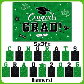 2025 Graduation Decorations, Green Themed Class of 2025 Decorations Set, Congrats Grad Backdrop, Photo Banner, Door Banner, Balloons and Pom Poms Supplies for High School College Graduation Party