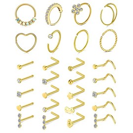 VCMART Nose Rings for Women 20g Nose Ring Stainless Steel Nose Rings Hoop L Shape Nose Studs Nose Screw Bone Gold Nose Piercings Pack for Women Men 28Pcs