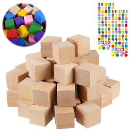 35 Pieces 30 x 30 x 30 mm Wooden Blocks for Crafts, 3 cm Blank Craft Blocks, Wooden Pieces for DIY & Crafts, Wooden Cubes, Wooden Decorative Wooden Blanks for Painting, Includes 2 Number Stickers