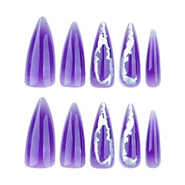 MERVF Long Stiletto Press on Nails Fake Nails Purple Aura Glue on Nails with Sliver Print Design Press ons Almond Gothic Gradient Acrylic False Nails Glossy 24pcs